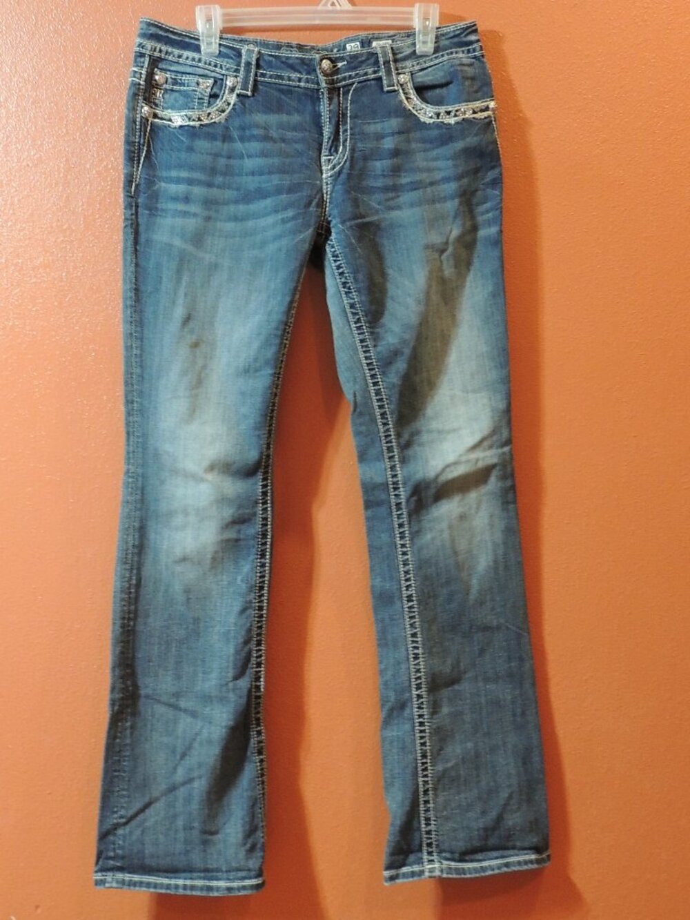 Miss Me Mid Rise Bootcut Jeans Woman 29 Pockets Bling Bling Denim Blue Jeans